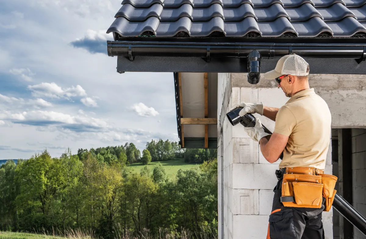 A worker installing a roof gutter pipes.